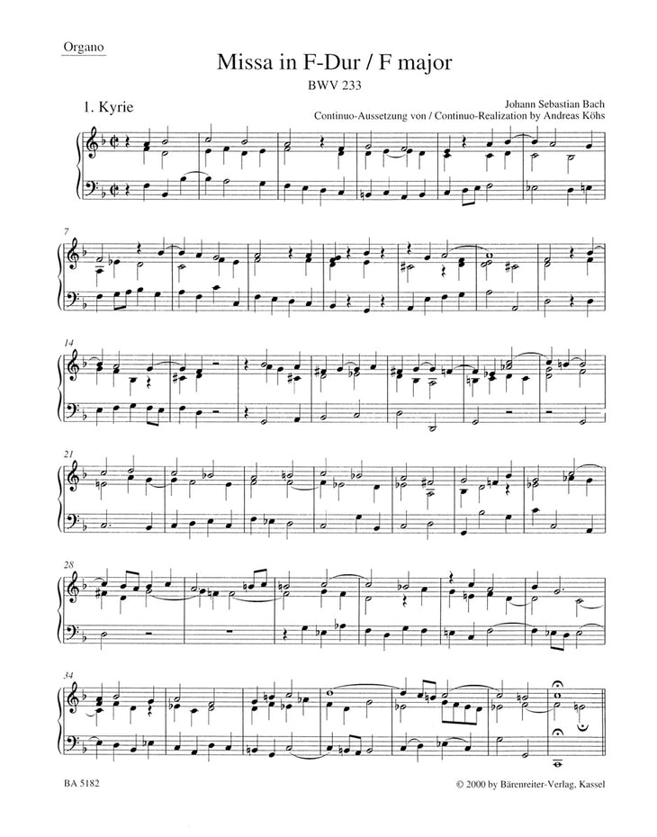 BA5182-67 - Bach Mass in F Major BWV233 (Lutheran Mass) Basso Continuo/ Organ Part Default title
