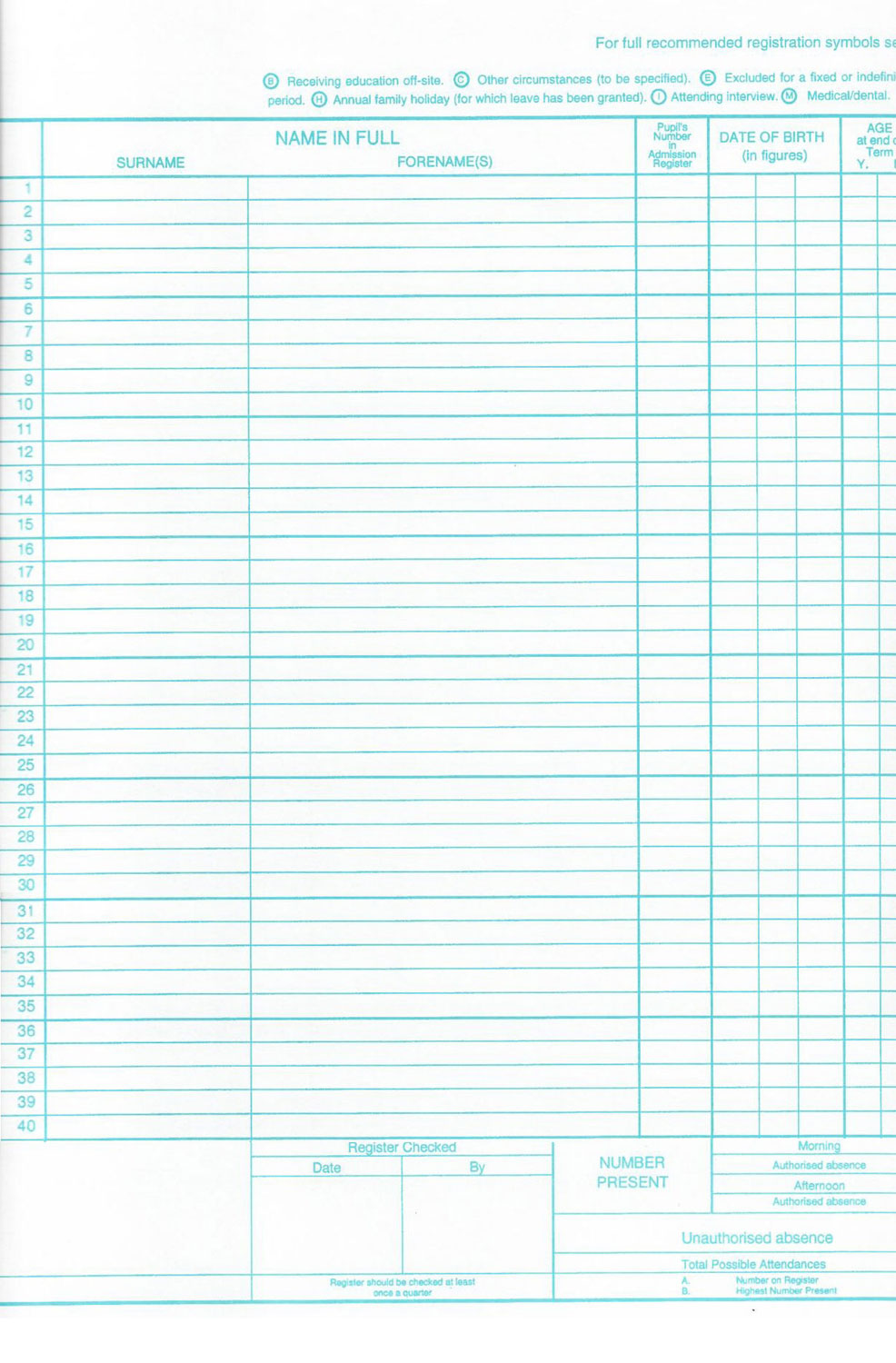 AR40 - Philip & Tacey School Attendance Register 40 Names Pack of 10 A1