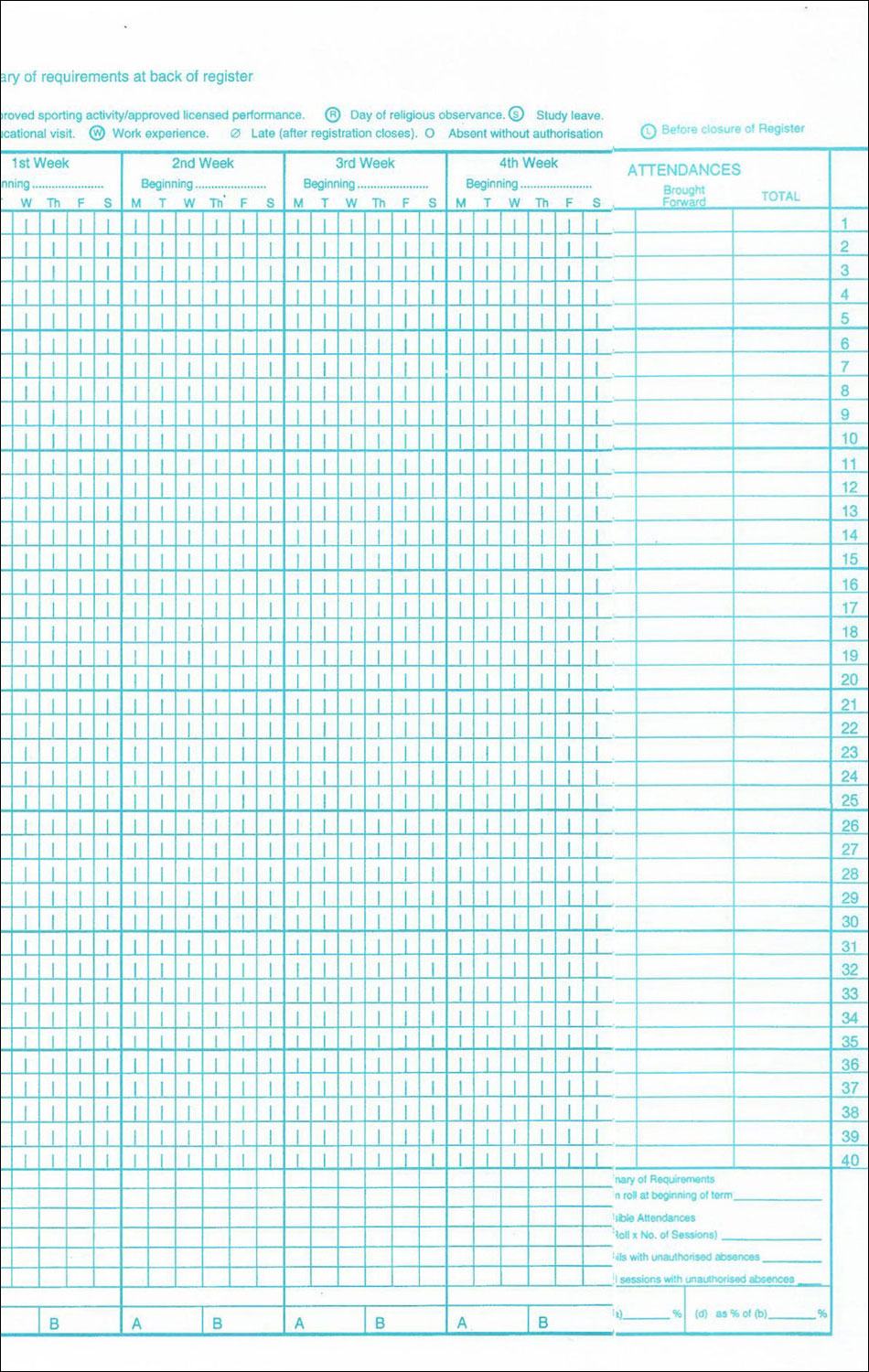 AR40 - Philip & Tacey School Attendance Register 40 Names Pack of 10 A1
