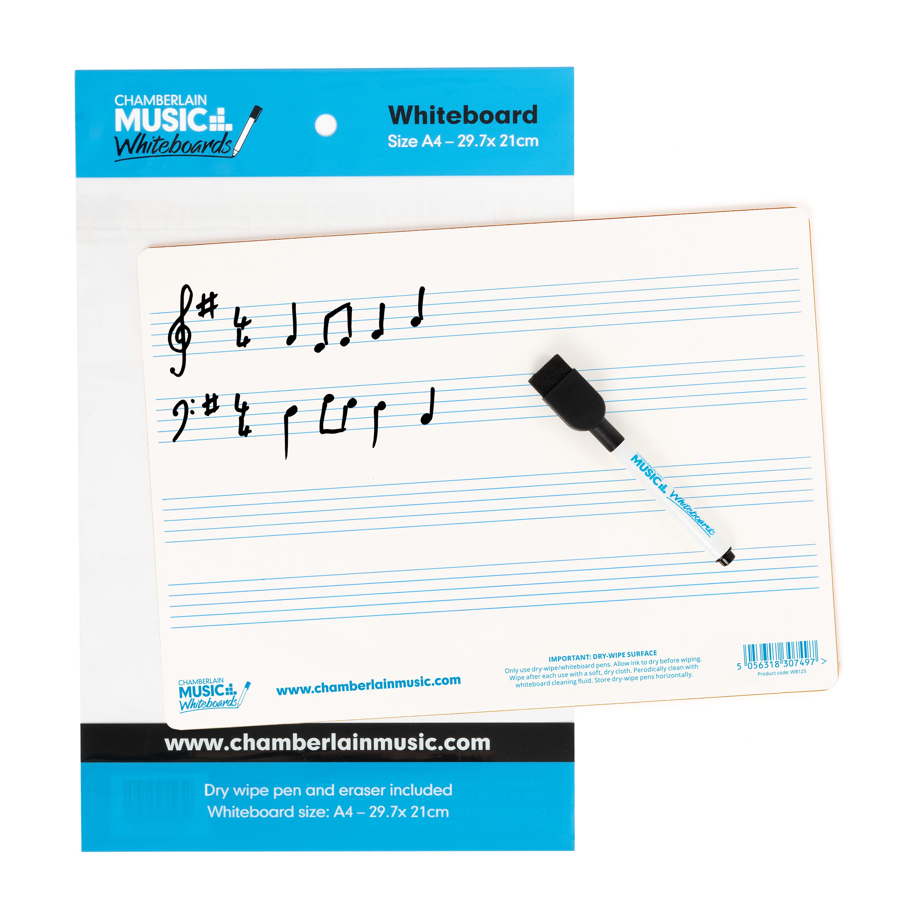 WB125 - A4 mini dry-wipe music whiteboard with 4 pre-printed staves A1