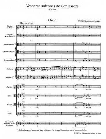 BA4894 - Mozart Vesperae Solennes De Confessore K339 (Urtext Full Score) Default title