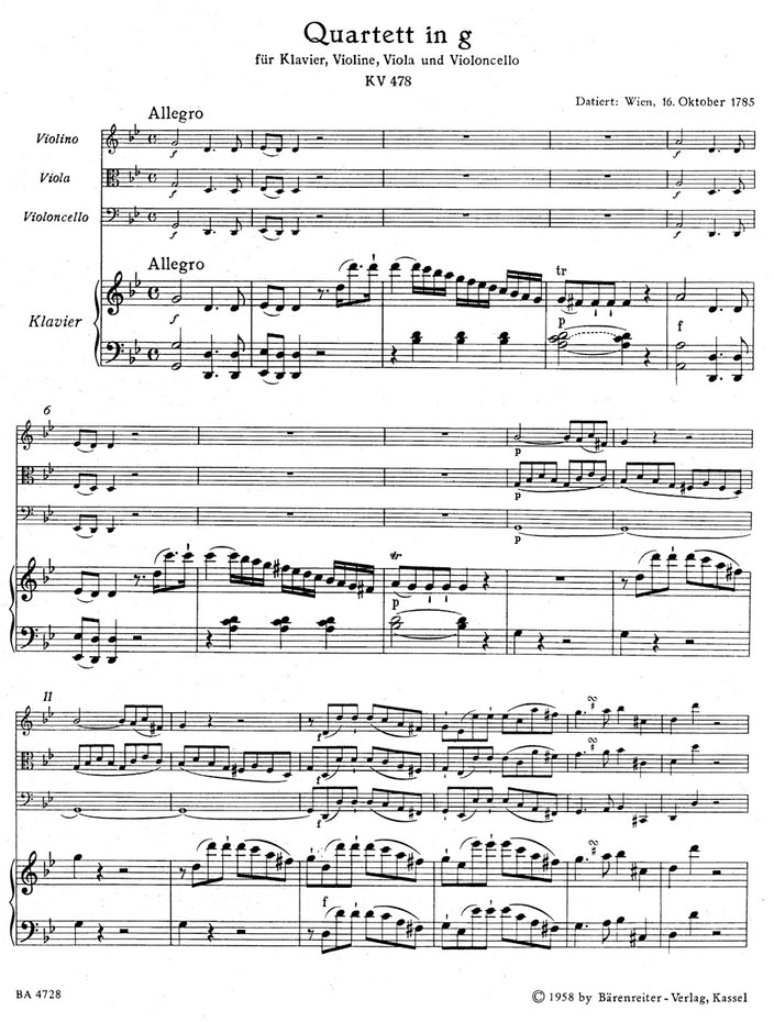 BA4728 - Quartet for Piano, Violin, Viola and Violoncello in G minor K. 478 Default title